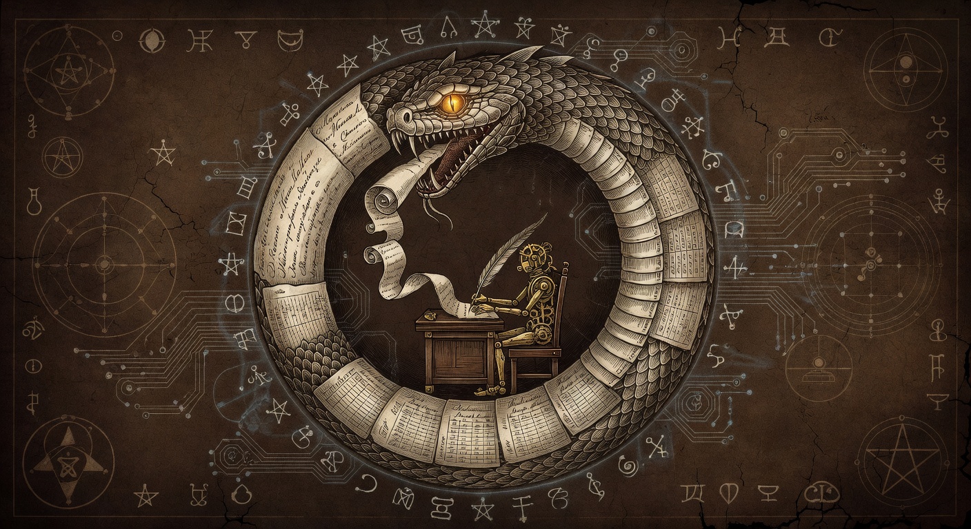 An ouroboros serpent forming a perfect circle, its scales made of manuscript pages — inside the loop, a tiny mechanical figure writes at a desk with a quill, surrounded by alchemical symbols and circuit diagrams