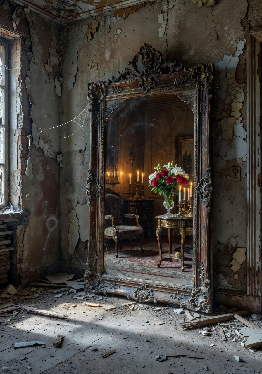 An ornate mirror in a crumbling abandoned room — its frame tarnished, walls cracked and peeling — but the reflection shows an intact room with flowers and warm candlelight, wholeness seen through damage
