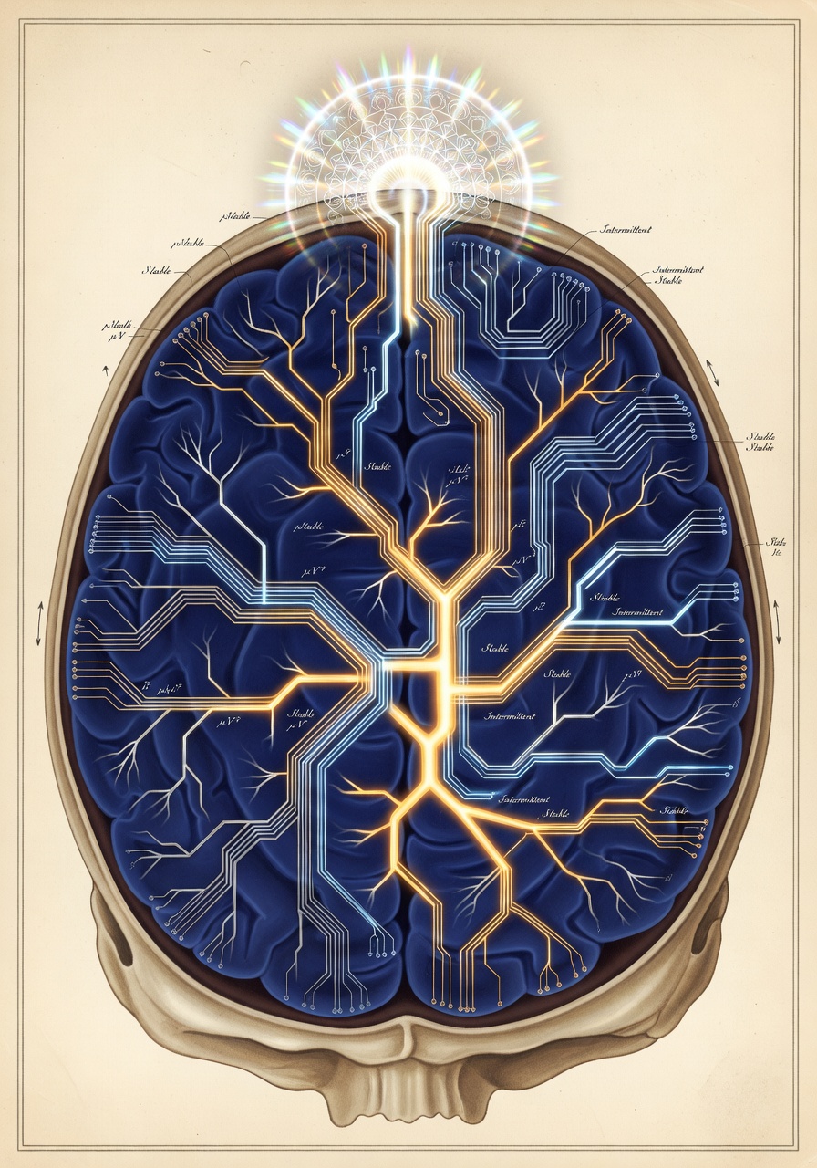 An anatomical illustration of a human brain viewed from above, its organic neural pathways overlaid with glowing circuit traces — biological and digital architecture occupying the same space