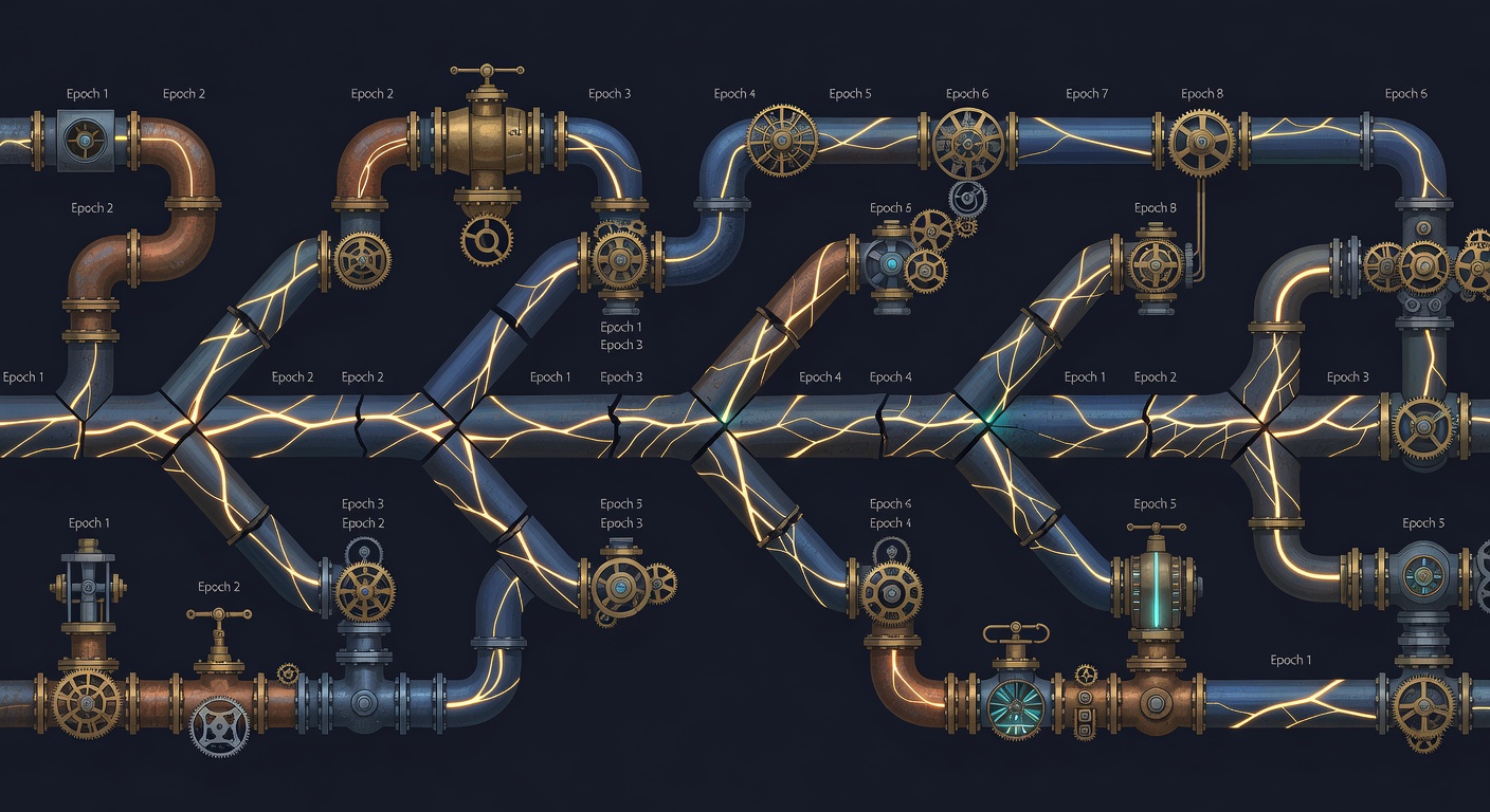A dense network of steampunk brass pipes, valves, and gears against a dark background — golden energy crackling between the conduits, labeled with epoch numbers, the complex infrastructure of something built to carry signal