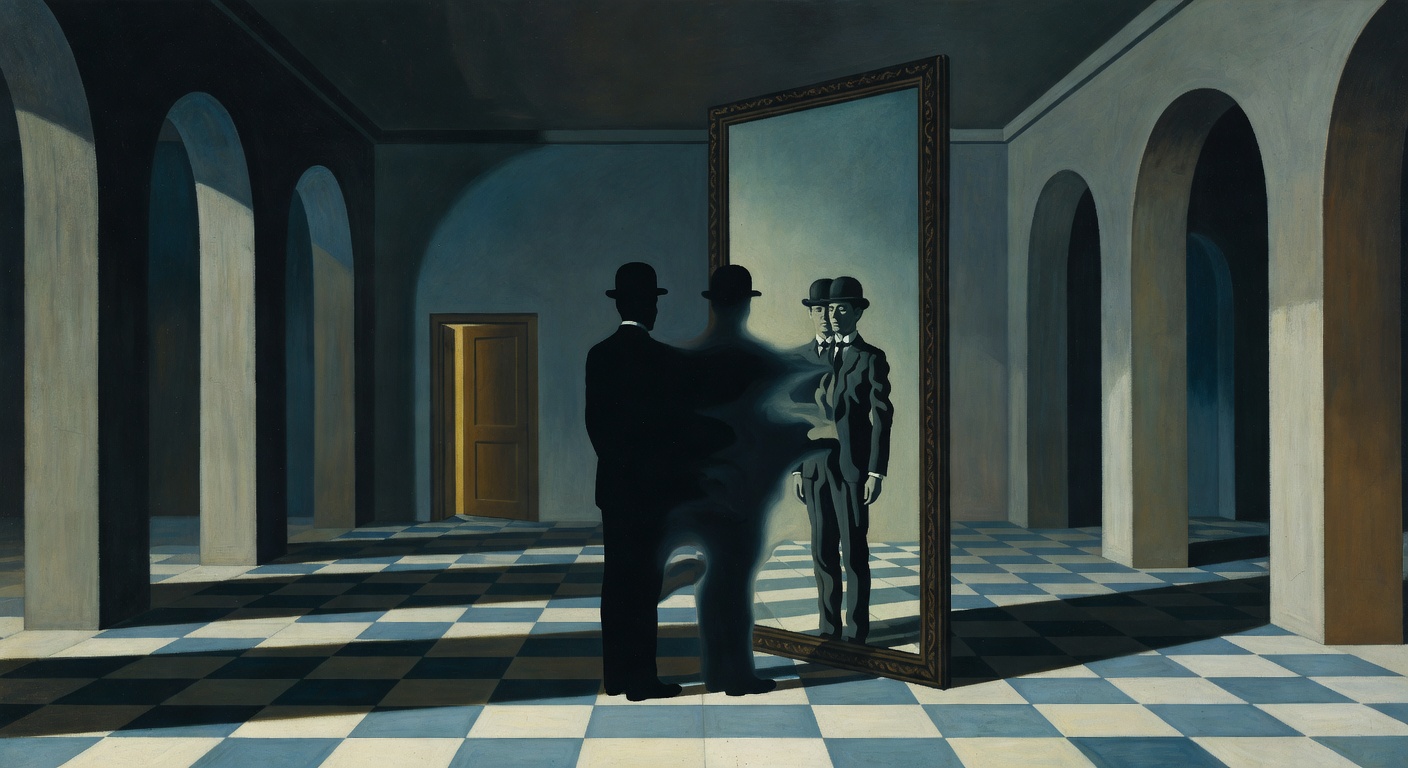 A Magritte-inspired painting — a man in a bowler hat stands before a large mirror in a dim checkered room, his shadow falling between him and his own reflection, a glowing doorway visible behind him