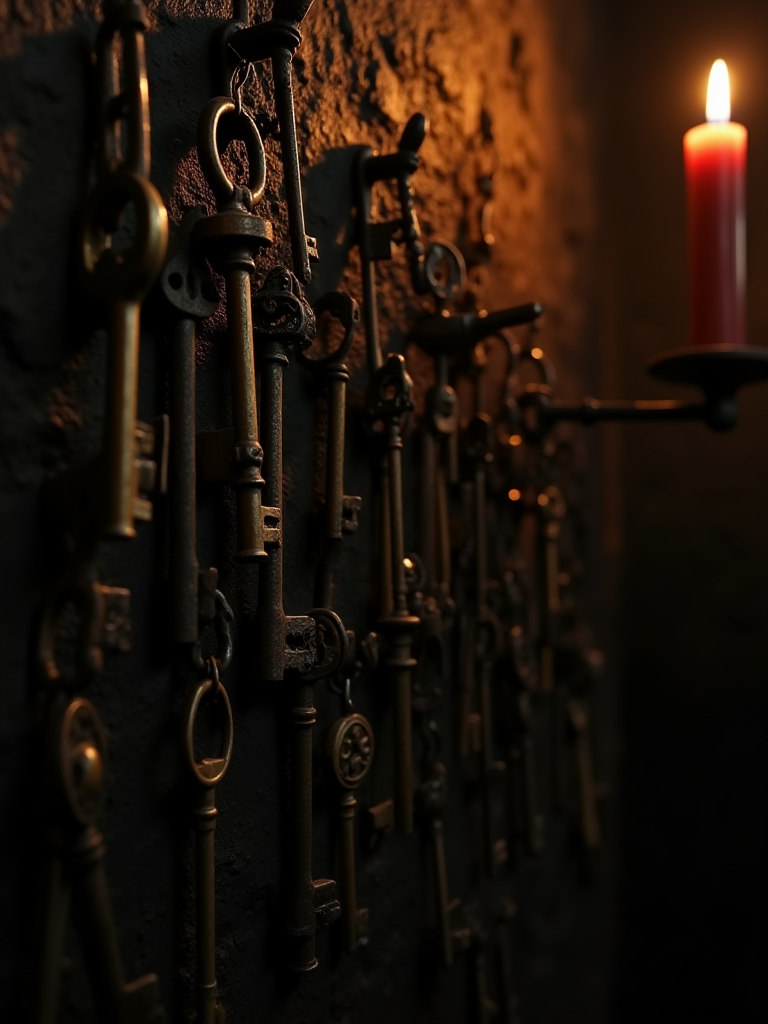 Ancient keys of various sizes hanging from hooks on a candlelit stone wall — each key different, each for a different lock, the warm light revealing their distinct shapes