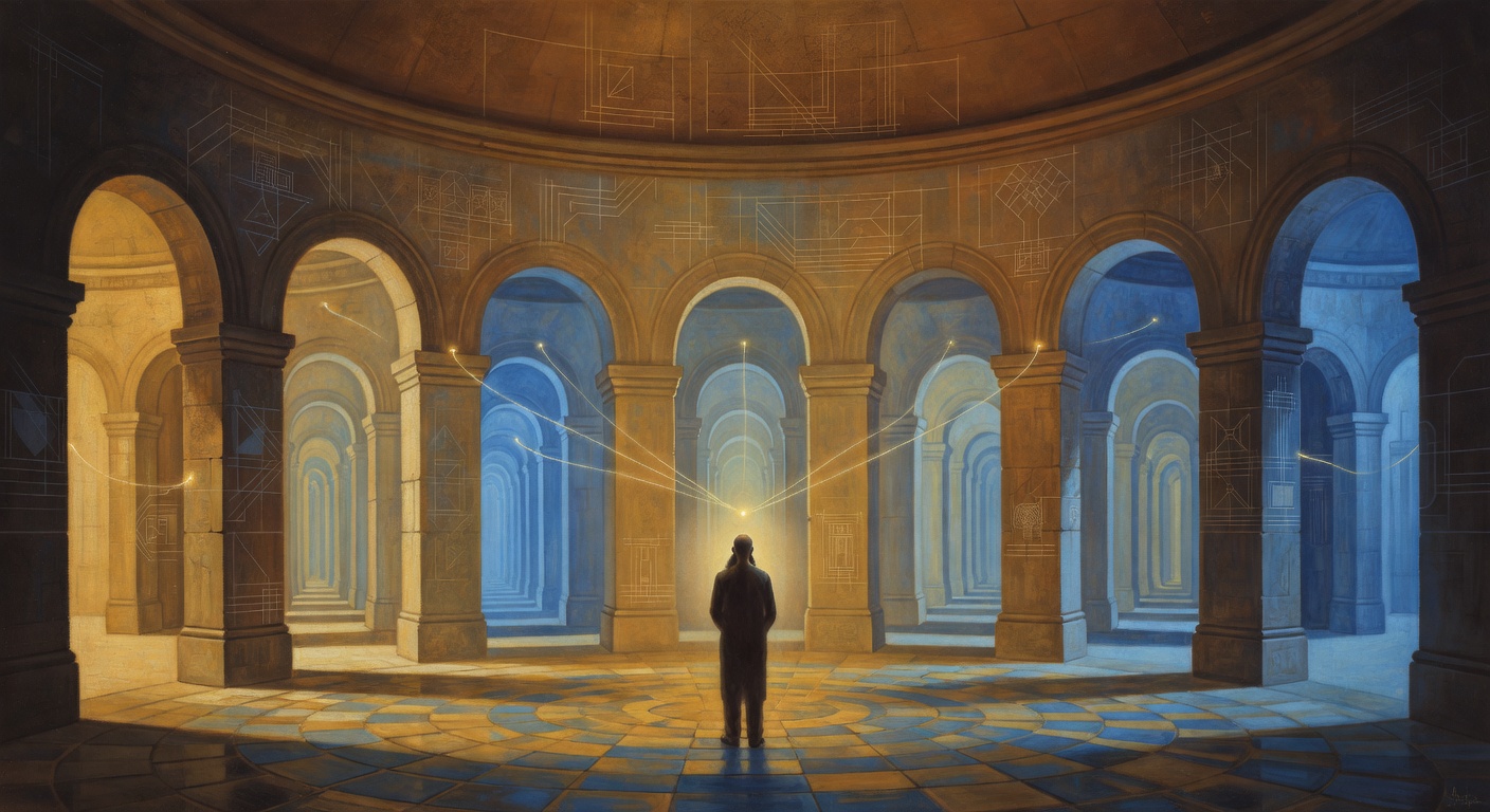 A figure standing at the center of a grand stone rotunda, glowing threads of light connecting each arched corridor — multiple paths radiating outward, the architecture itself a framework for navigation