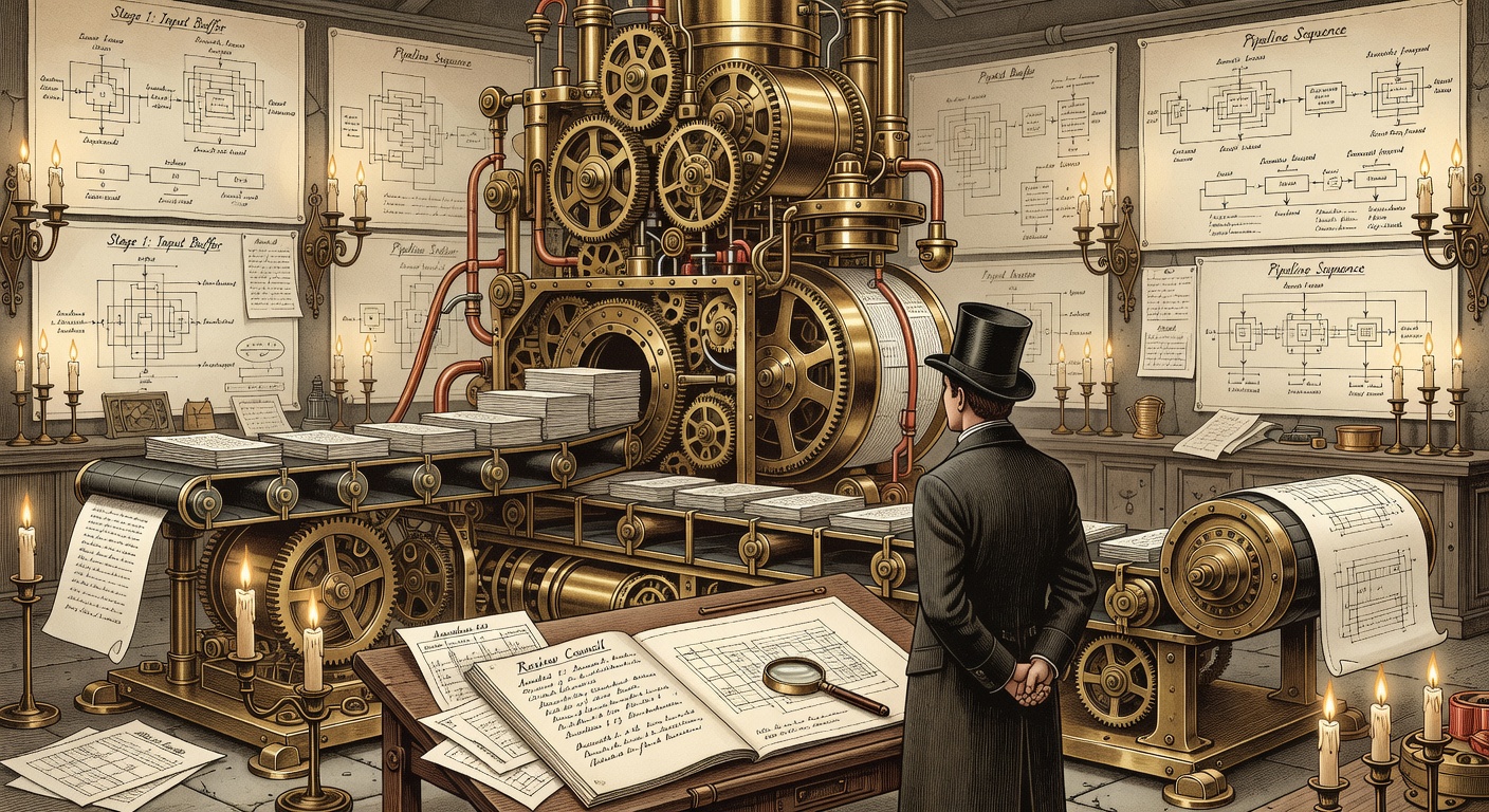 A Victorian engineer in a top hat standing before an elaborate mechanical apparatus, blueprints pinned to the walls around him — the gap between the plan on paper and the machine that was built from it